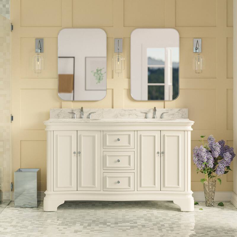 KitchenBathCollection Katherine 60" Double Bathroom Vanity with Carrara Marble Top - White