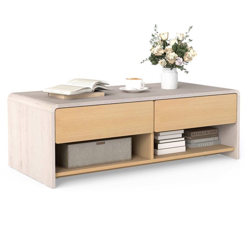 Modern Coffee Table with Hidden Handle 2 Drawers and Open Shelves for Living Room - 43" x 20" x 15"