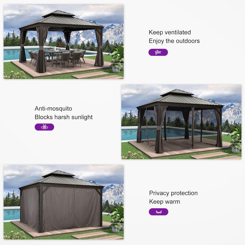 PURPLE LEAF Outdoor Galvanized Steel Hardtop Gazebo, Aluminum Frame Gazebo With Curtains