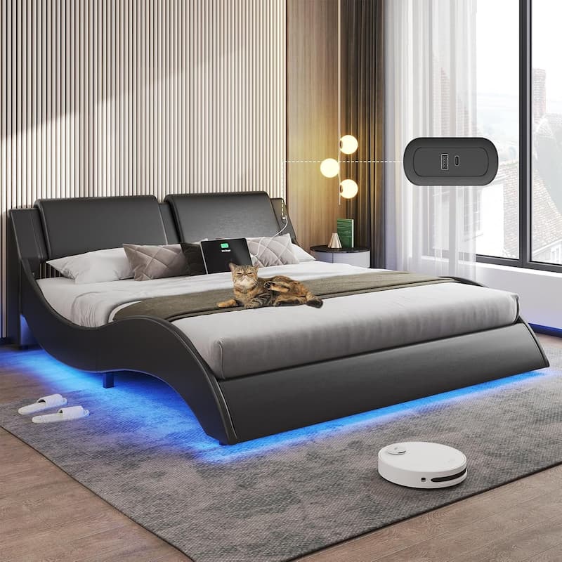 Bed Frame with Headboard Charging Ports Low Profile Platform Bed LED Lights Wave Curve