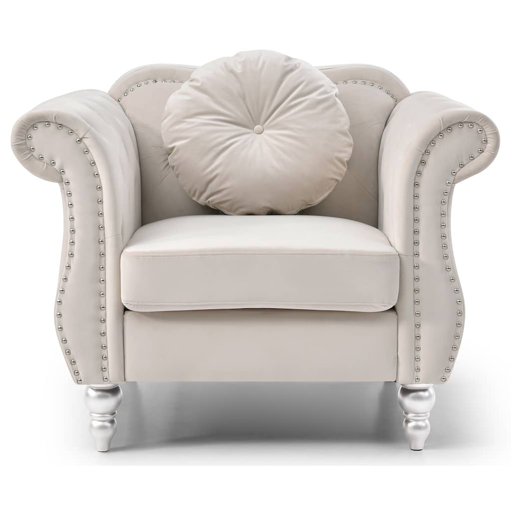 Velvet Accent Chair with Tufted Round Pillow - 39" - Cream