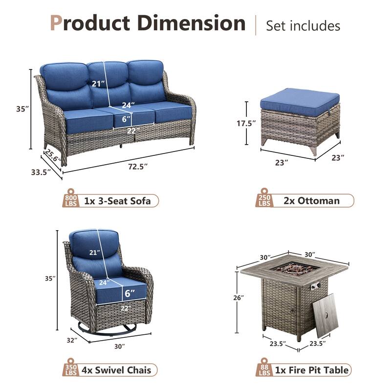 Pocassy 8 Pieces Outdoor 6" Sofa Swivel Chair Ottoman with Fire Pit Table