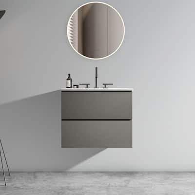 24" Wall Mount Space Grey Bathroom Vanity with Ceramic Sink with Three Faucet Holes, Large Storage Floating Bathroom Vanity