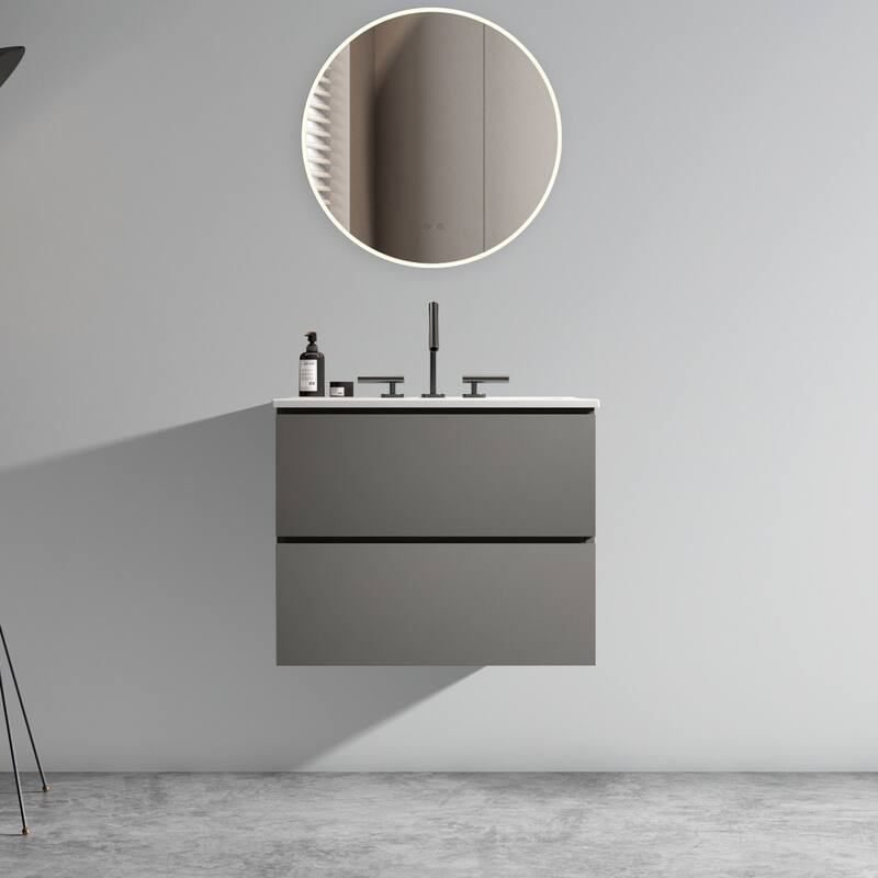 GDFStudio - Coralie Modern Floating Bathroom Vanity with Integrated Ceramic Sink and Soft-Close Storage - White+gray - 24" (three faucet holes)