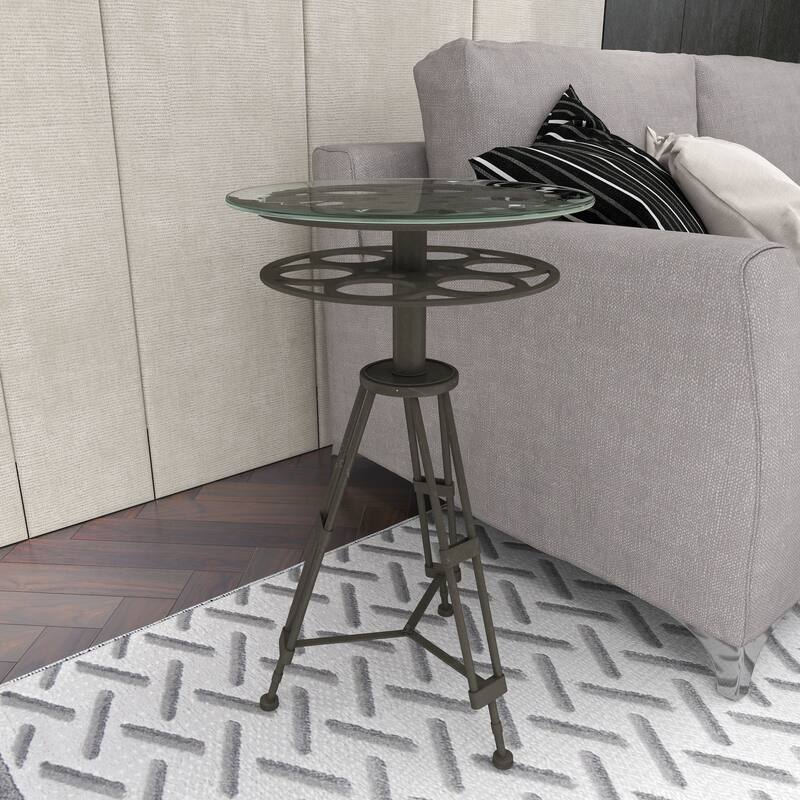 Black Metal Film Reel Accent Table with Tripod Legs and Glass Top