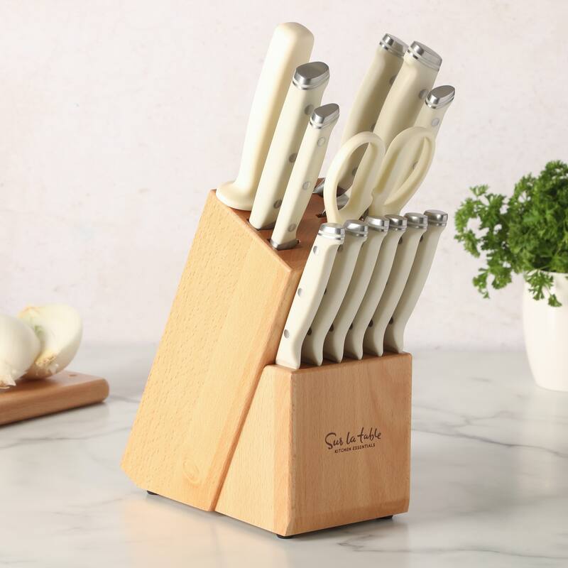Sur La Table Kitchen Essentials 14 Piece Cutlery Set, German Steel Forged Knives, Beech Wood Block