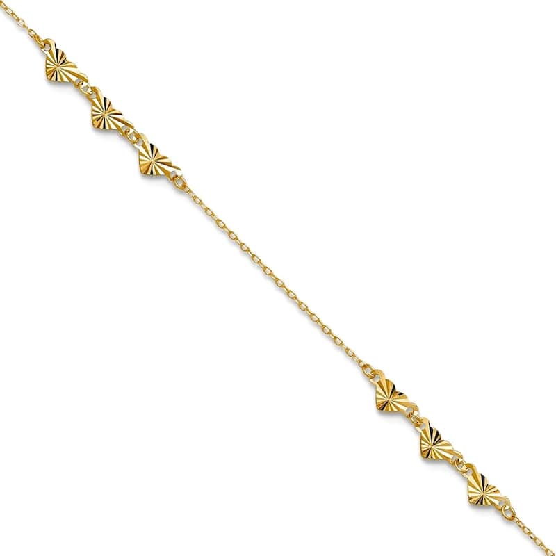 Curata 14k Yellow Gold 9+1" Diamond-cut Triple Heart Station Anklet