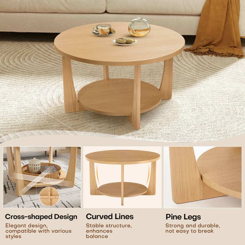 31.5" Round Coffee Table with Solid Wood Legs and 2-Tier Storage - 31.5"Dia x 17.72"H