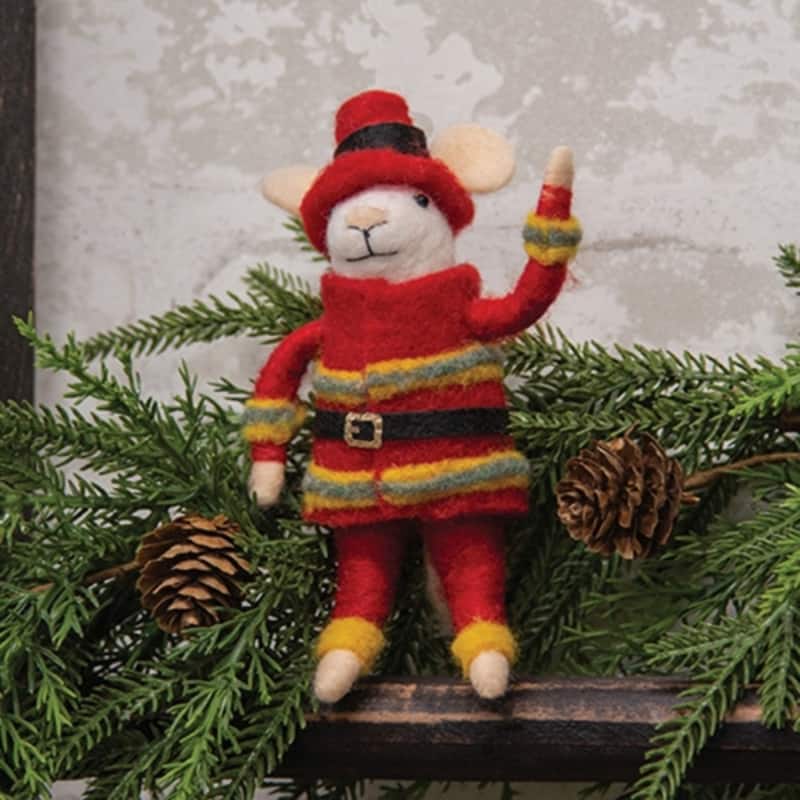 Fireman Mouse Felted Ornament Red Suit Holiday Decor - 5.5" x 3"