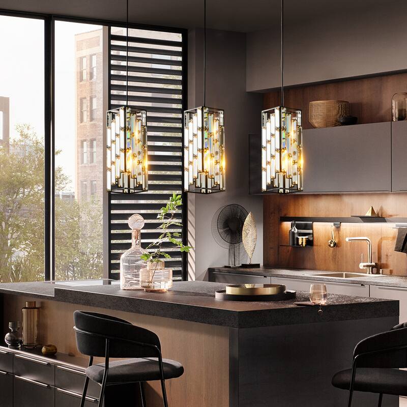 4" Modern Crystal Pendant Light - 3 Pack, Adjustable Hanging Ceiling Lamp with Crystal Prism Design for Dining Room - Black