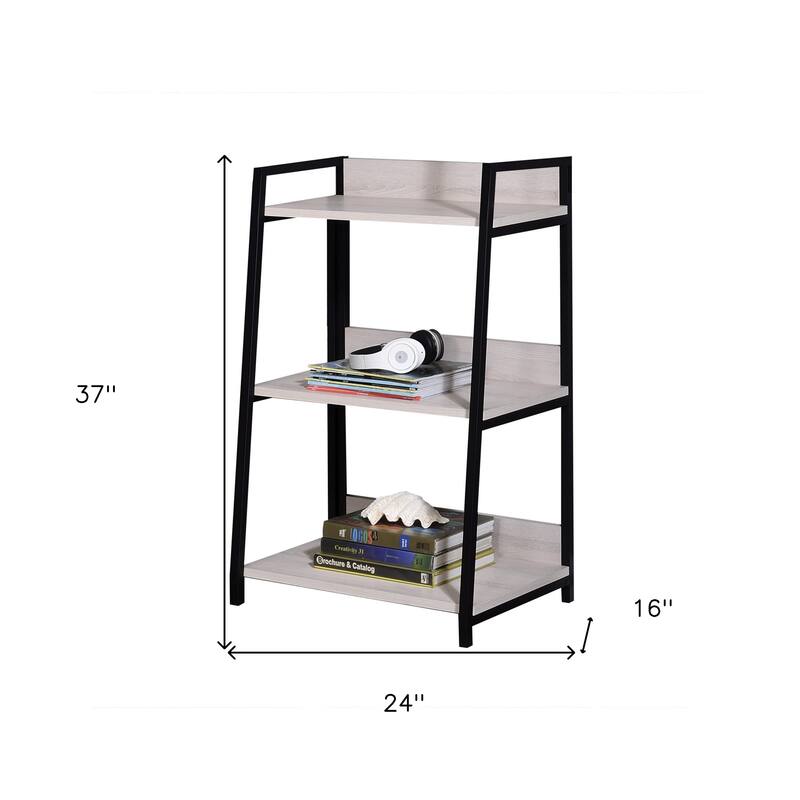 HomeRoots 37" Natural and Black Metal Three Tier Ladder Bookcase