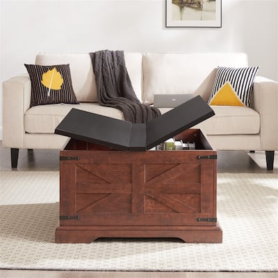 Farmhouse Coffee Table, Square Wood Center Table with Hidden Storage