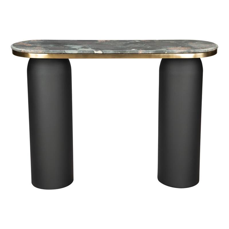 HomeRoots 43" Black and Gold Genuine Marble and Steel Double Pedestal Console Table - 43.00 in. x 30.30 in. x 13.00 in.