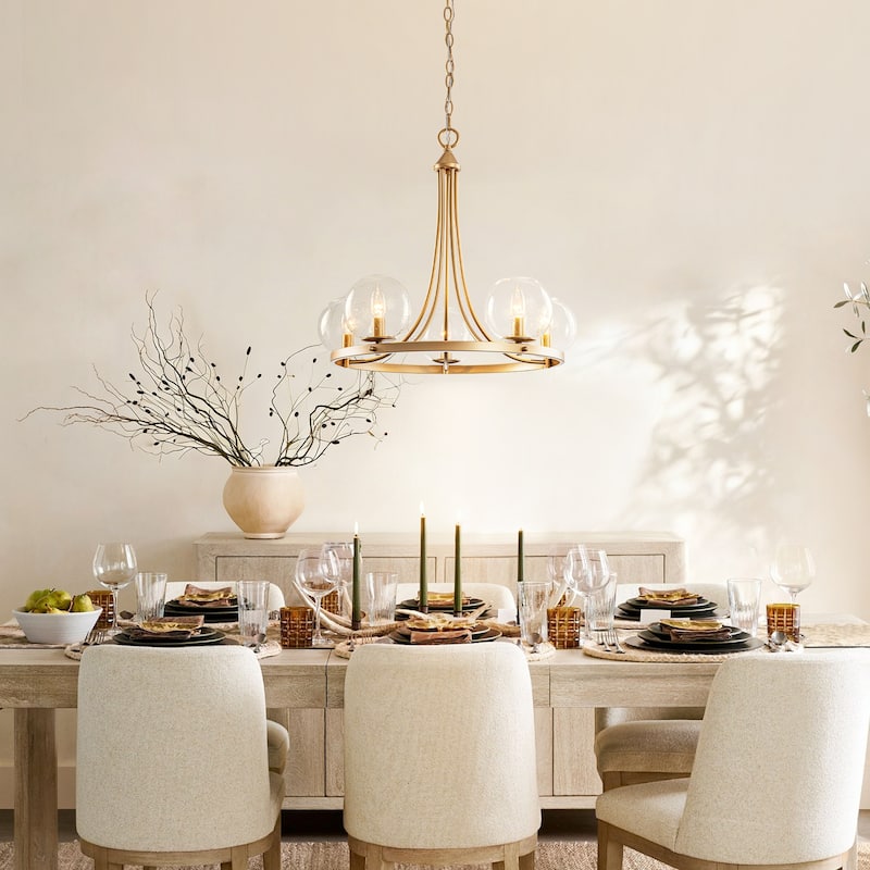 24.4" W 5-Light Mid-Century Modern Gold Wagon Wheel Ring Chandelier with Seeded Glass Globe Shades for Living & Dining Room