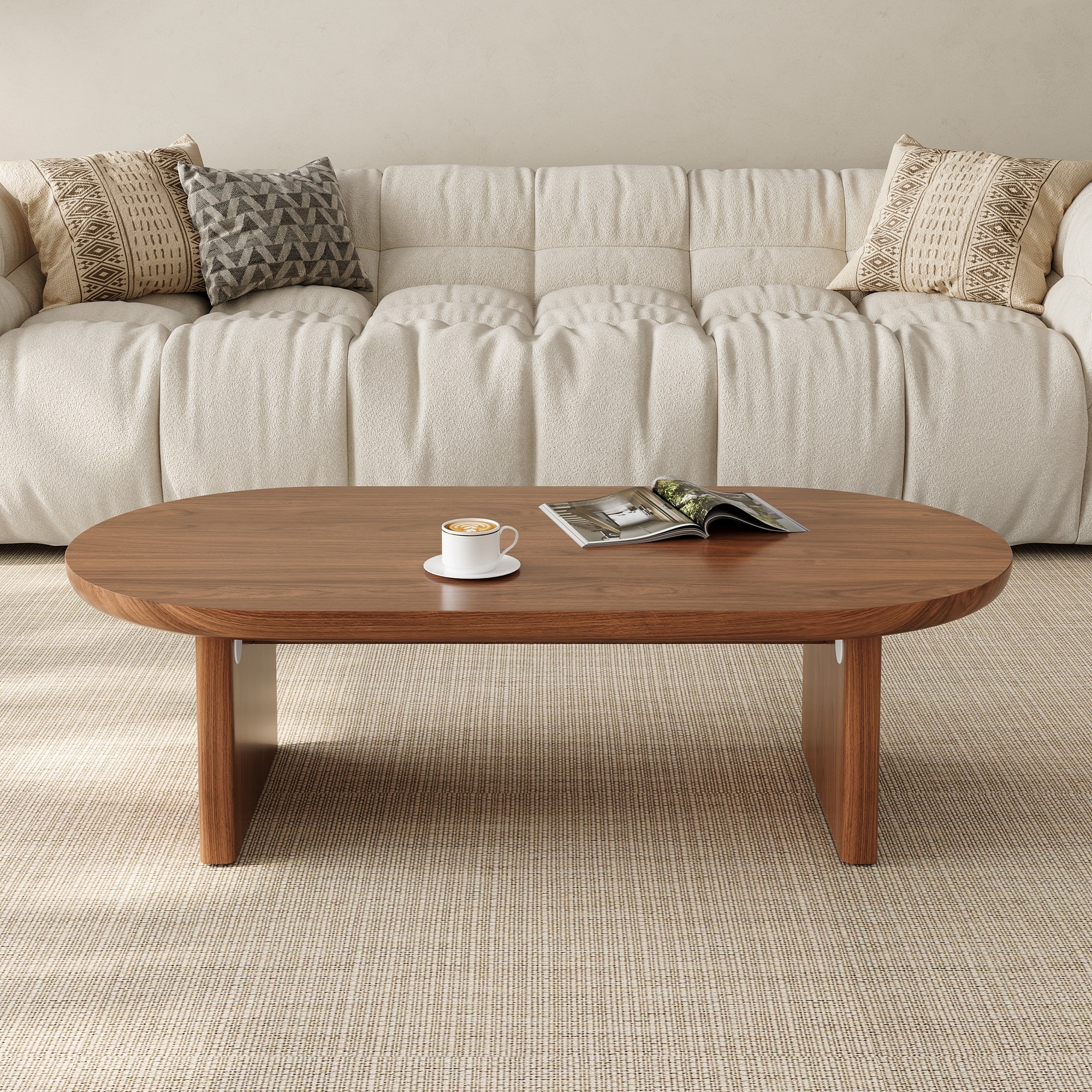 Mid - Century Modern Oval Coffee Table, 47.3" Walnut Wood Living Room Center Table, Stylish & Sturdy Accent Table