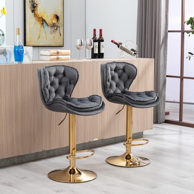 Swivel Height Adjustable Velvet Bar Stools Set of 2,with Golden Footrest and Base - Grey