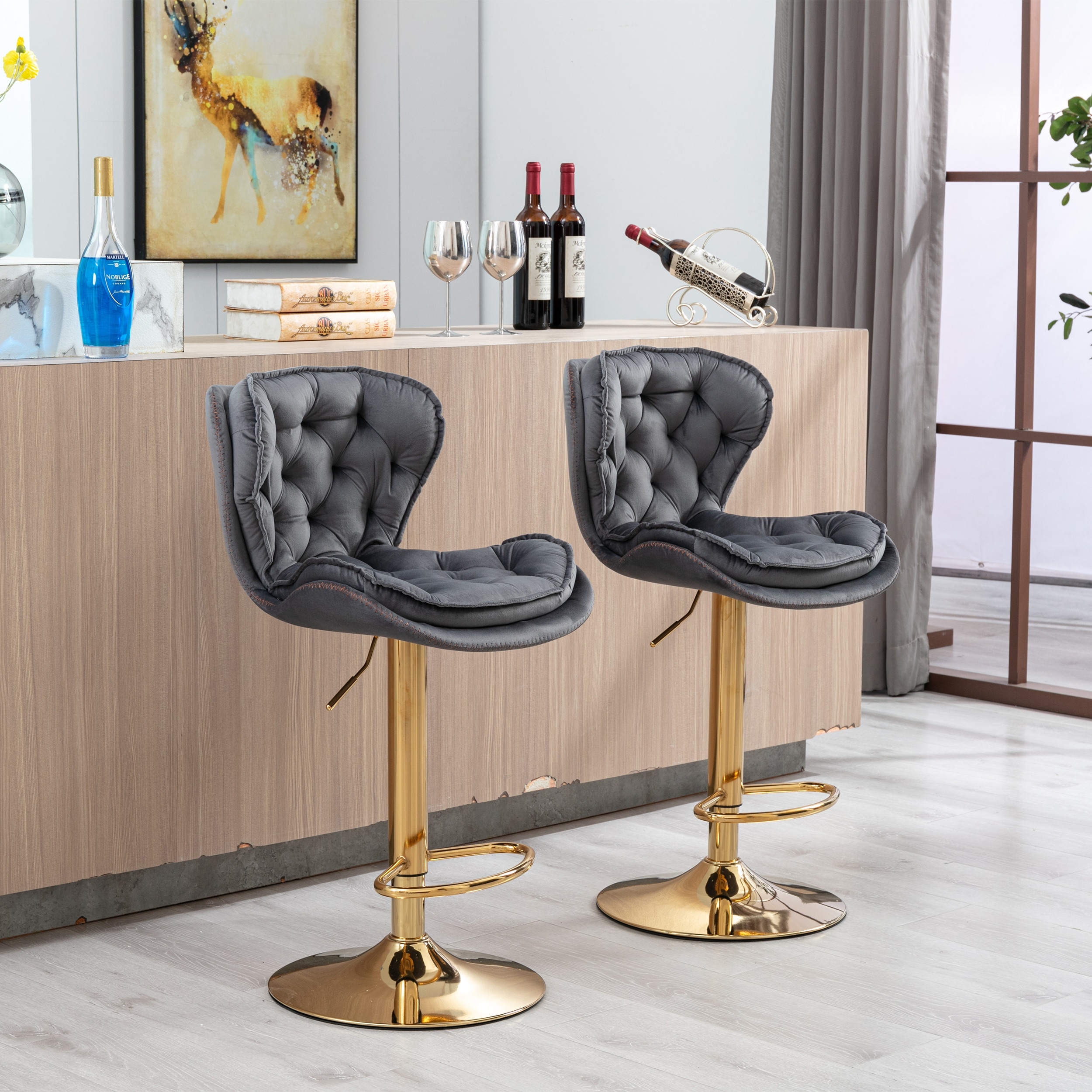 Set of 2 Adjustable Swivel Bar Stools, Gray Velvet with Chrome Footrest & Gold Legs