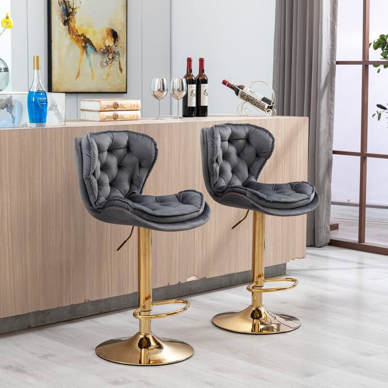 Set of 2 Adjustable Swivel Bar Stools, Gray Velvet with Chrome Footrest & Gold Legs