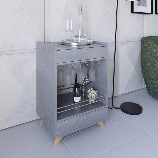 slide 2 of 8, Mini Bar Cabinet with 2 Drawers, Wine, Stemware Shelf, Wood Legs Compact Home Bar Storage