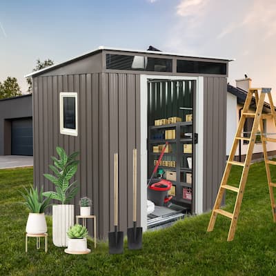 Patio Lawn Backyard Waterproof Tool Storage ABS Shed Outdoor Storage Shed with Metal Foundation and Lockable Sliding Doors, Gray