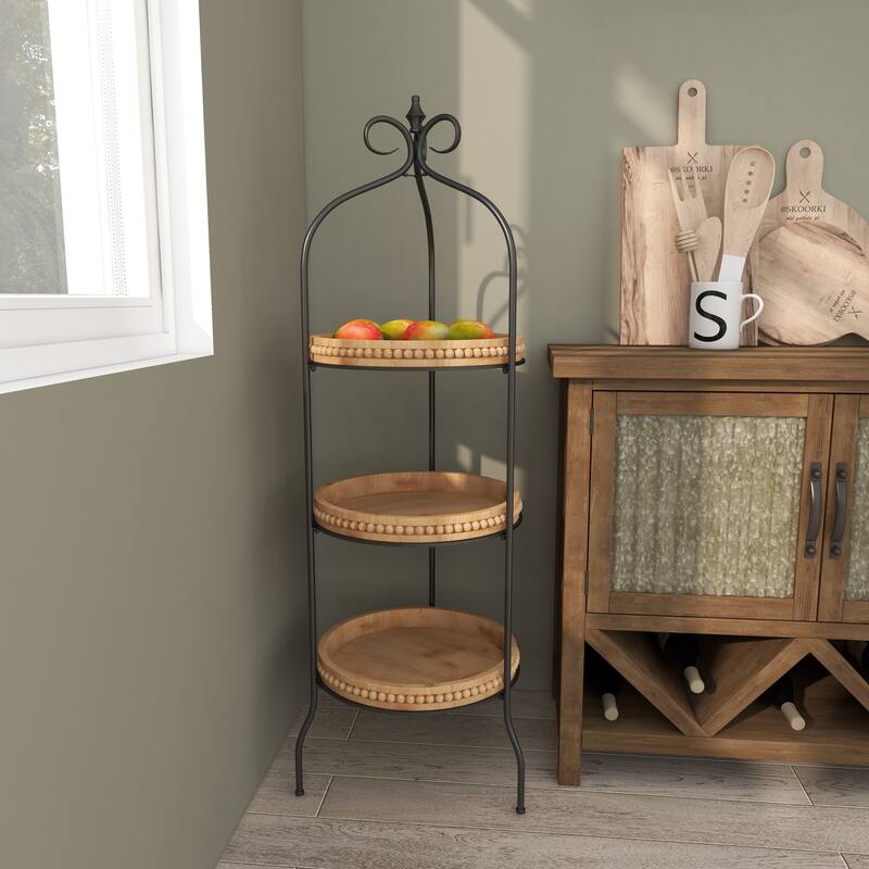 Brown Metal Arched Beaded 3 Shelves Shelving Unit with Scroll Top