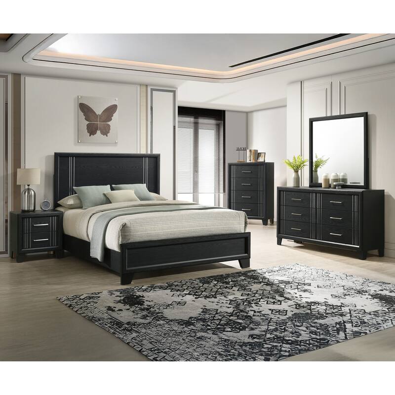 Queen Size Panel Bed with Charcoal Finish, Contemporary Wooden Bedroom Furniture