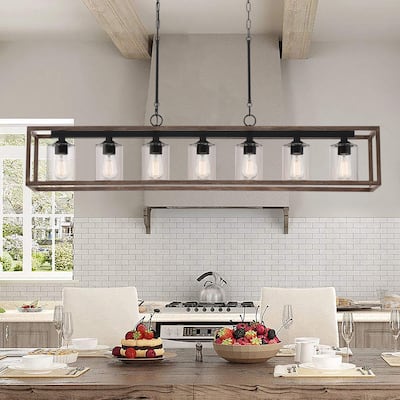 Allegray 52in Farmhouse 7-light Linear Chandelier Rectangle Kitchen Island Pendant