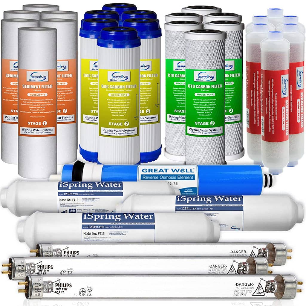 iSpring 3-Year Set for 7-Stage 75GPD UV Alkaline Reverse Osmosis Water Filter Fits RCC7AKUV, 31Pcs