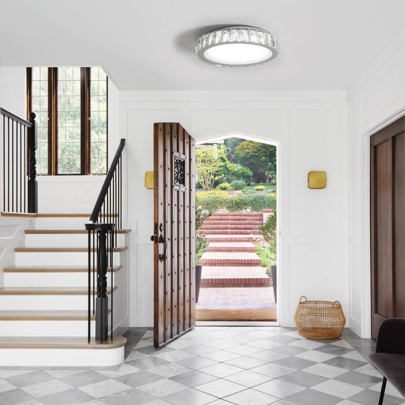 Crystal LED Ceiling Light, 13.8-Inch Flush Mount, 38W Dimmable Modern Fixture, Perfect for Living Room, Bedroom - Chrome