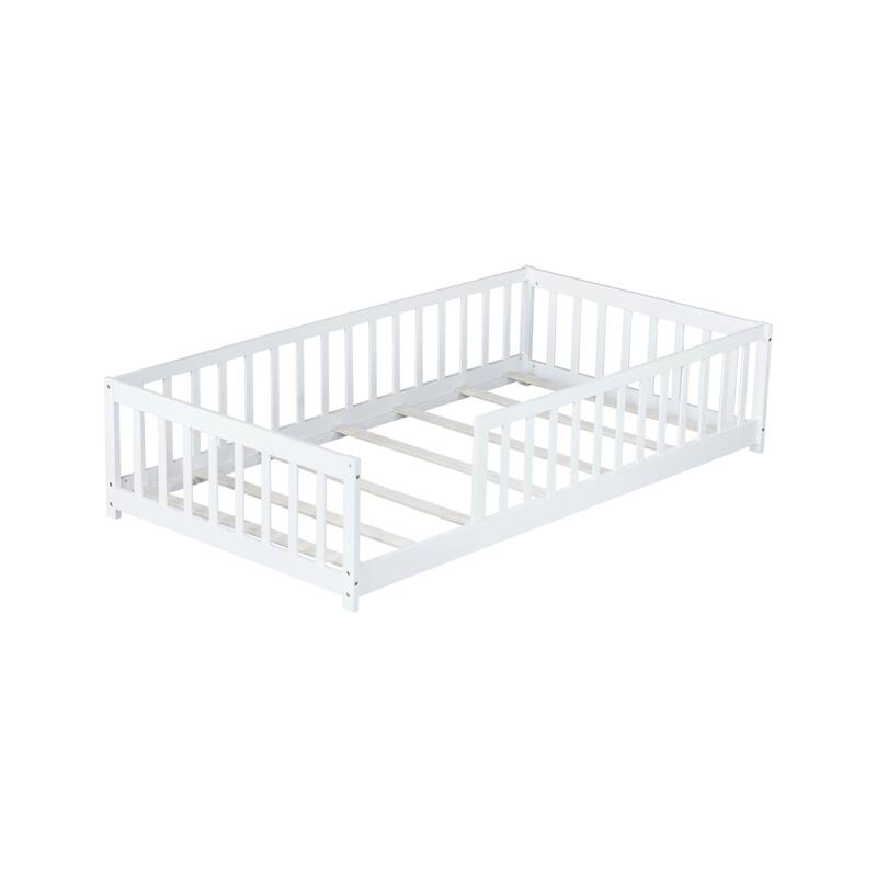 Twin Size Floor Bed With Fence Without Door, Rubber Wood Floor Bed With Safety Guardrails
