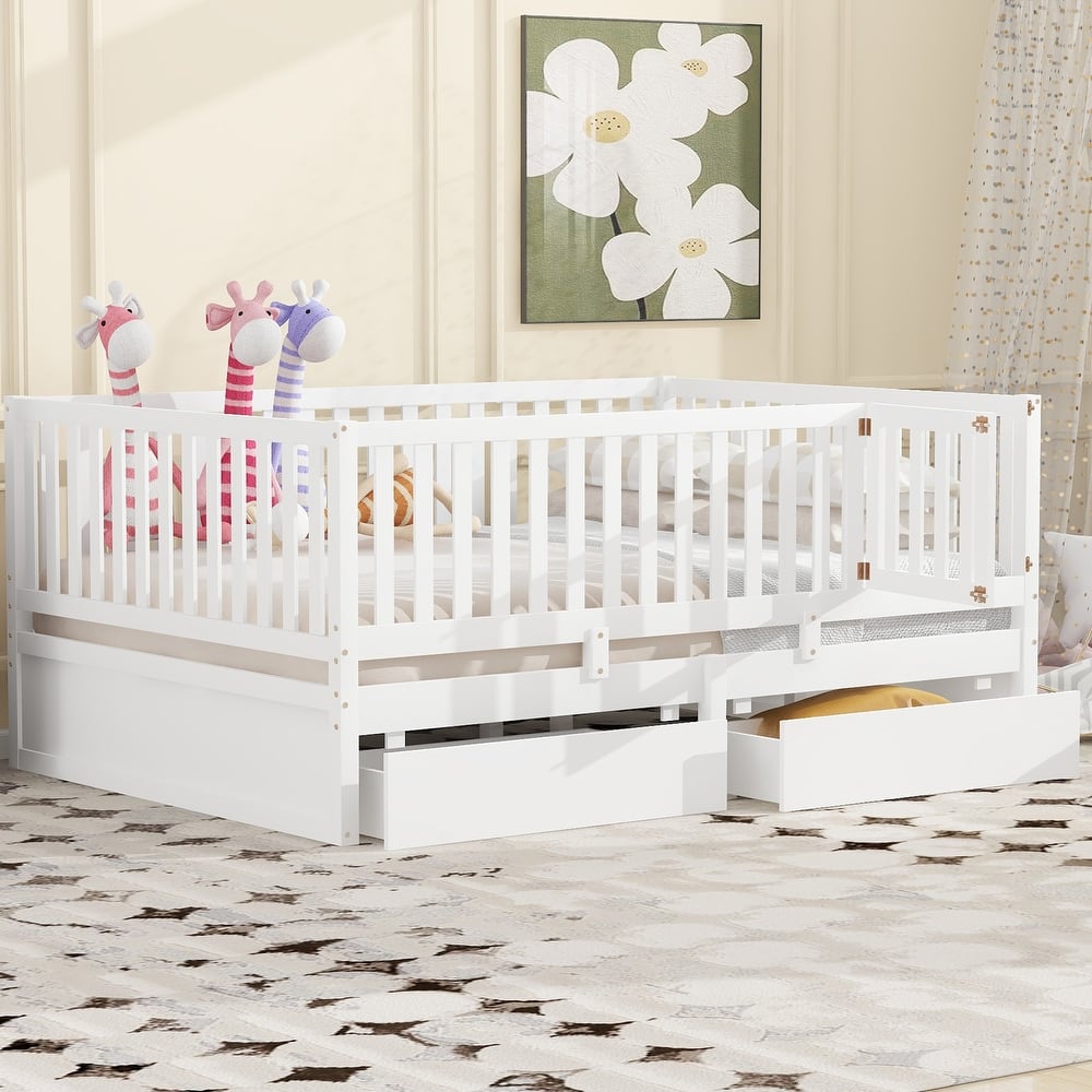 Solid Wood Daybed with Fence Guardrails and 2 Drawers, Split into Independent for Bedroom