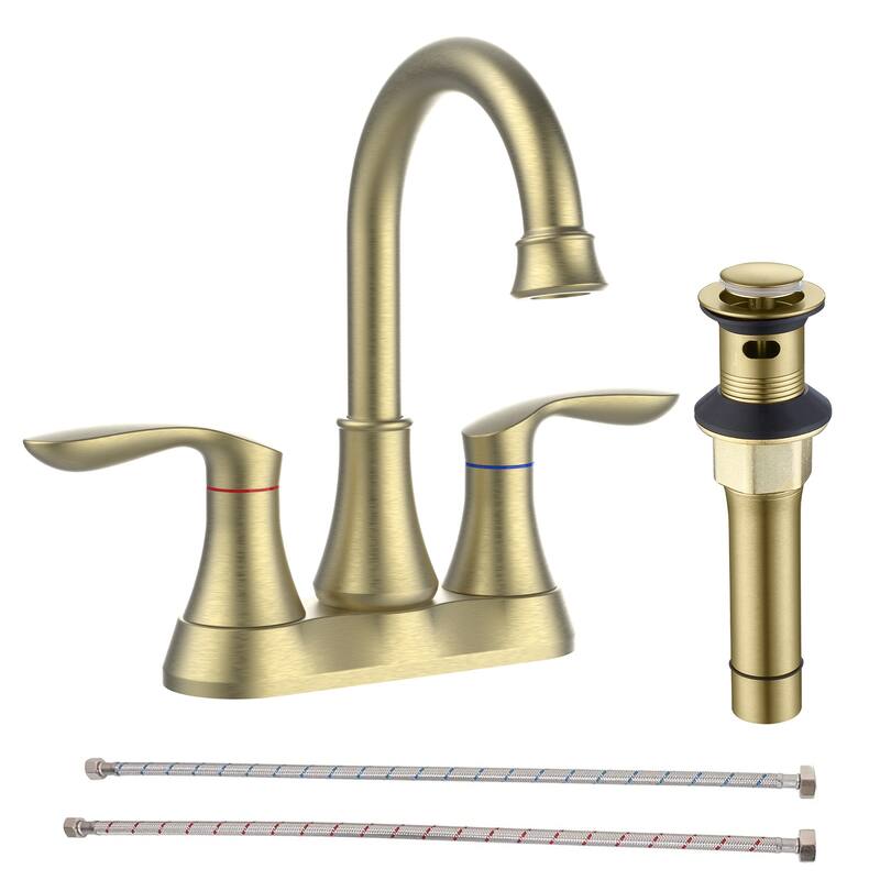 Bathroom Faucet with Pop up Drain & Supply Hoses 2-Handle 360 Degree High Arc Swivel Spout Centerset 4 Inch Vanity Sink Faucet - Brushed Gold