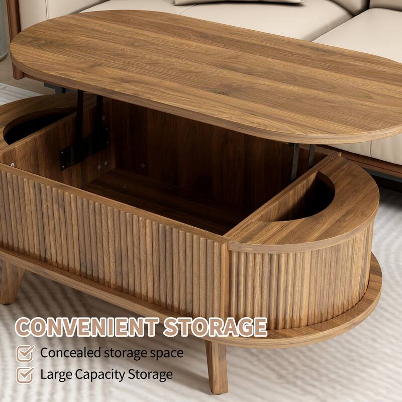 Fluted Lift Top Coffee Table with Hidden Compartment, Wooden Center Table, Modern Oval Lift Tabletop for Home Living Room