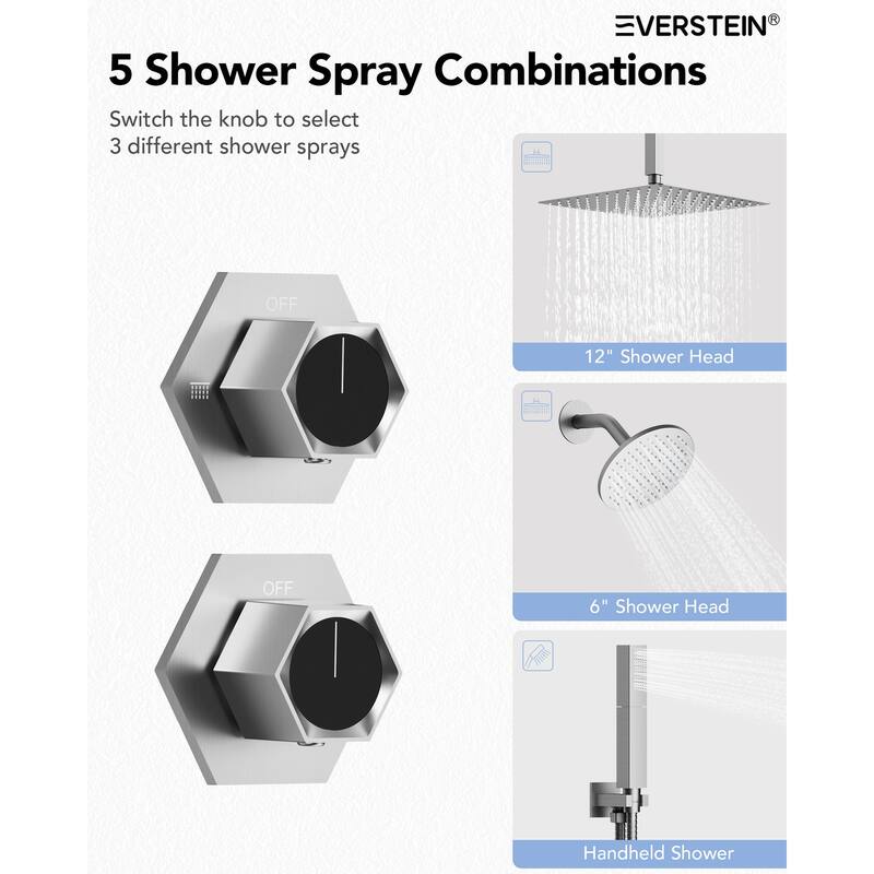 Dual Rainfall Shower System 12" & 6" Heads with Thermostatic Valve and Handheld Spray