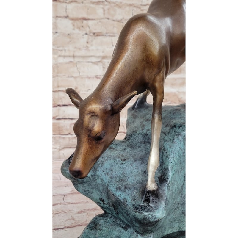 Limned Edition Bronze Deer Sculpture – Graceful Doe Drinking Water Statue
