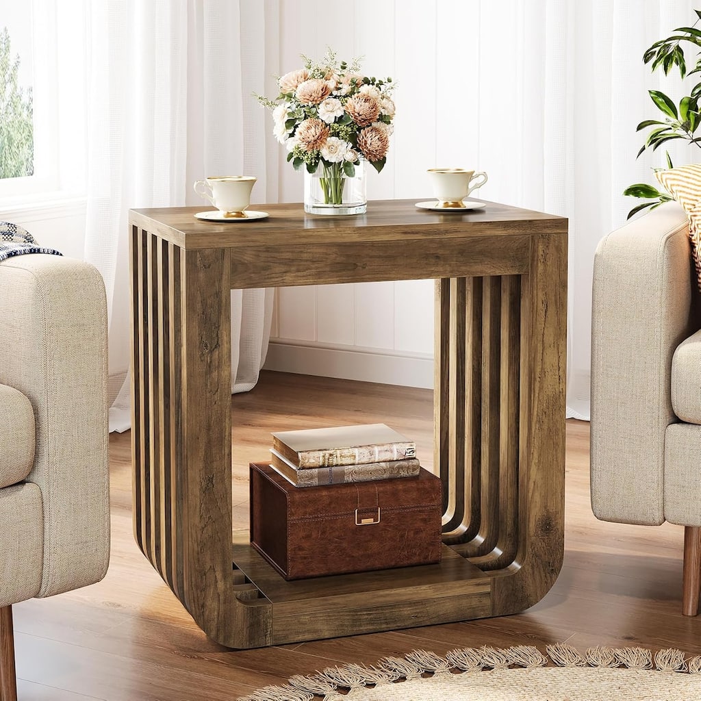 Narrow Side Table, Farmhouse Wooden End Table with Slatted Open Frame, Rustic Accent Sofa Side Table Nightstand
