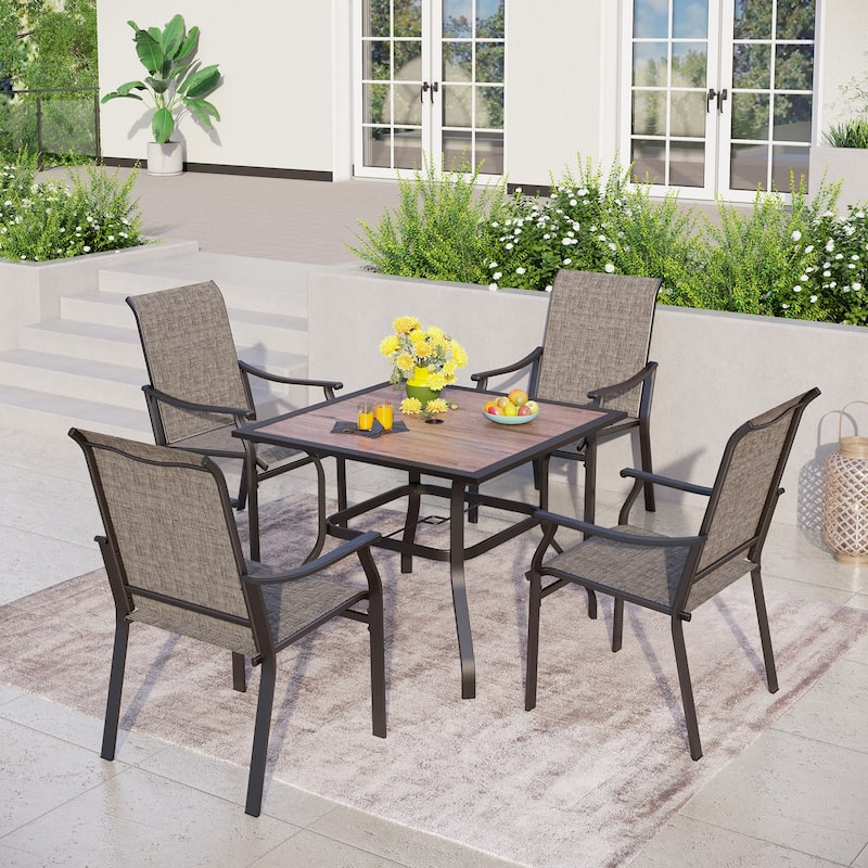 MAISON ARTS 5-Piece Patio Dining Set, 37 Inch Square Metal Table and 4 Textilene Fabric Padded Armchairs - Wood-look Tabletop