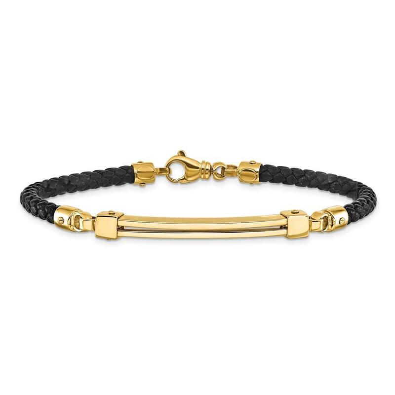 Curata 14k Yellow Gold 8" Polished Bar Leather Gold Bracelet