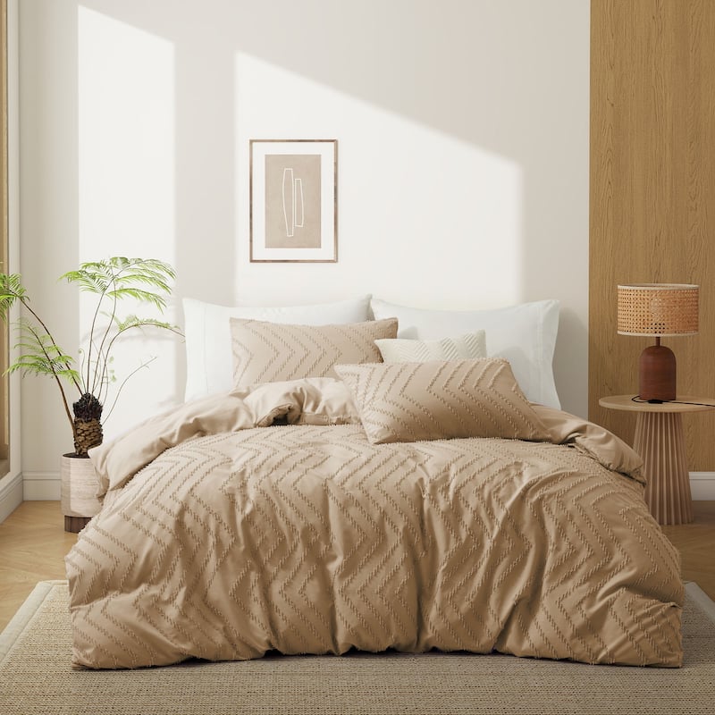 3 Piece Tufted Clipped Jacquard Geometric Oversized Duvet Cover Set - Twin - Wave/Fawn