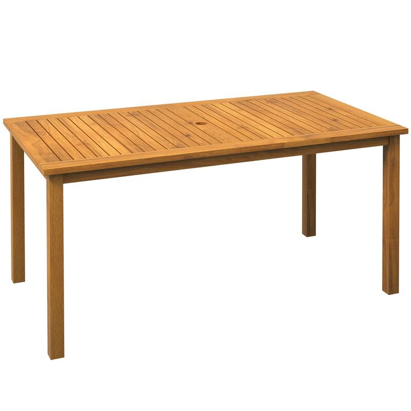 Outsunny Rectangle Patio Table for 6, Outdoor Dining Table with Umbrella Hole, Acacia Wood Table for Garden, Backyard, Deck
