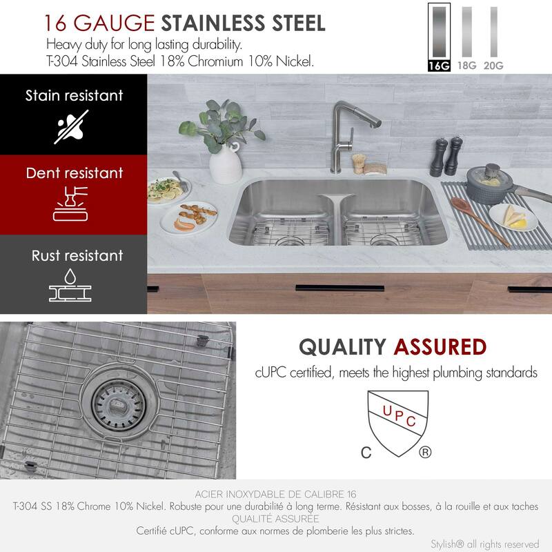 STYLISH 32.25 inch Low Divider Double Bowl Undermount and Drop-in Kitchen Sink - 32.25" x 18.9" x 9"