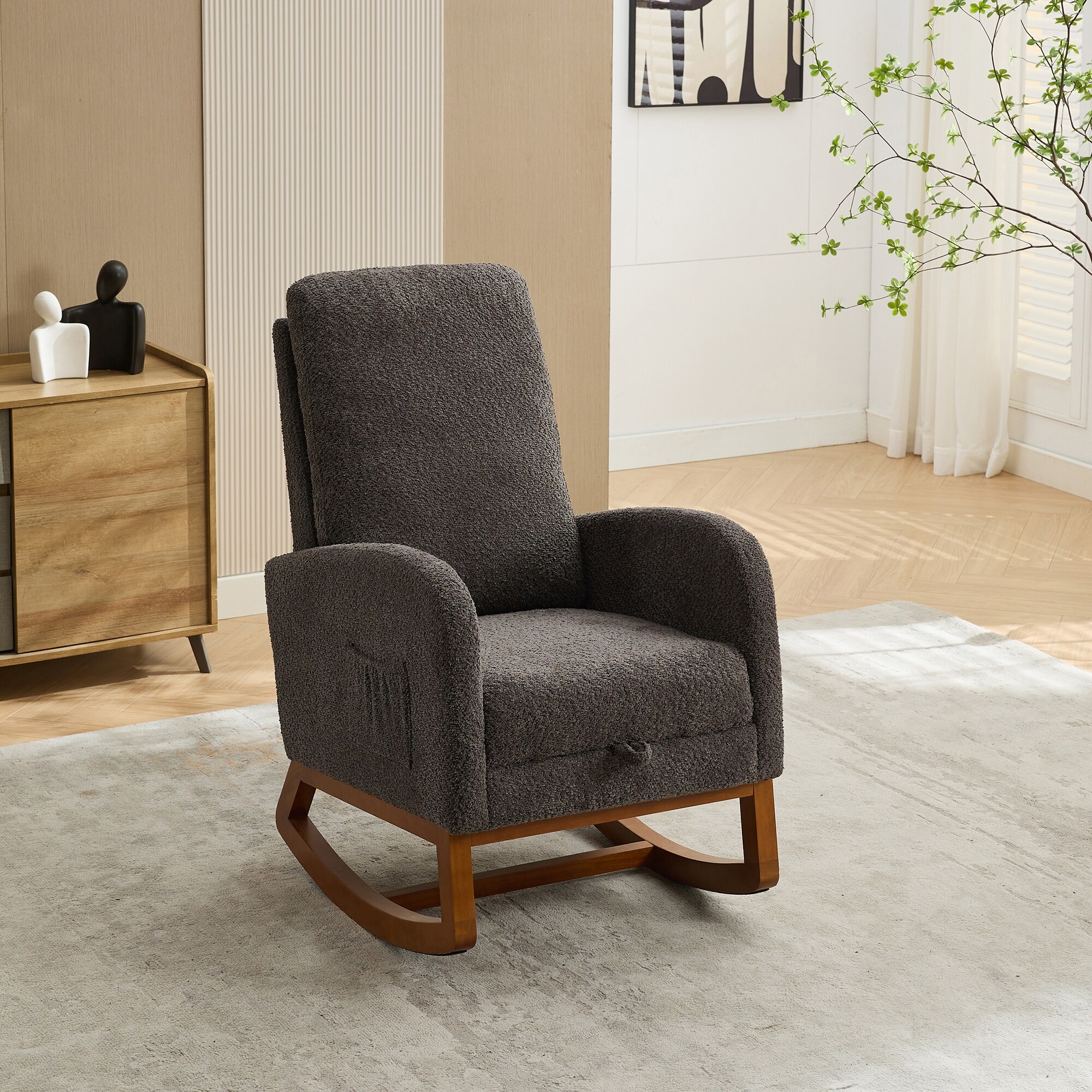 Charcoal High Back Rocking Chair with Side Pocket and Rubber Wood