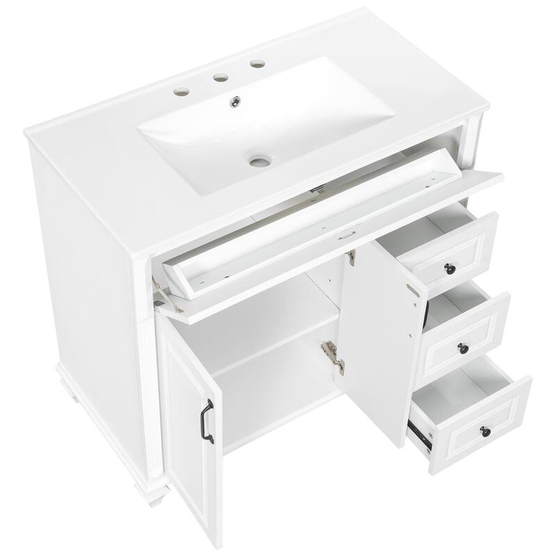 36" Bathroom Vanity with Sink - Solid Wood Cabinet with Flip Drawer, 3 Drawers & 2 Doors, Gold Handles, Modern Vanity