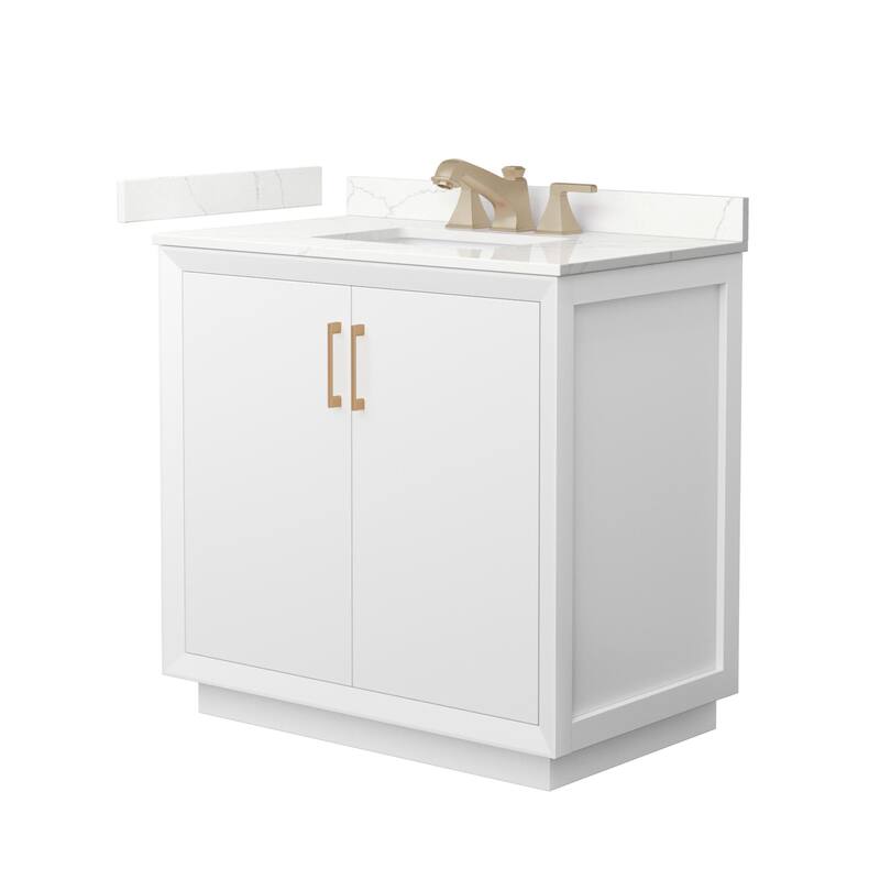 Wyndham Collection WCF414136S-QTZ-US3MXX Strada 36" Free Standing - White / Giotto Quartz Top / Satin Bronze Hardware