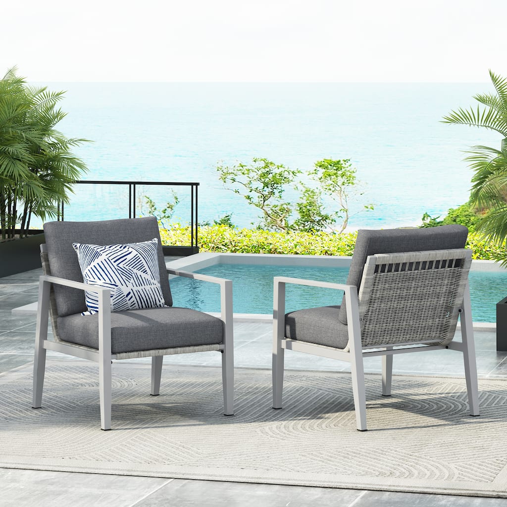 [Set of 2] Silver Aluminum Lounge Chair with Sleek Rope Accents and Comfortable Cushions