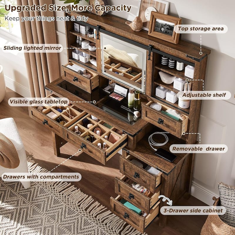Farmhouse Makeup Vanity Desk with Mirror & Lights, Rustic Vanity Table