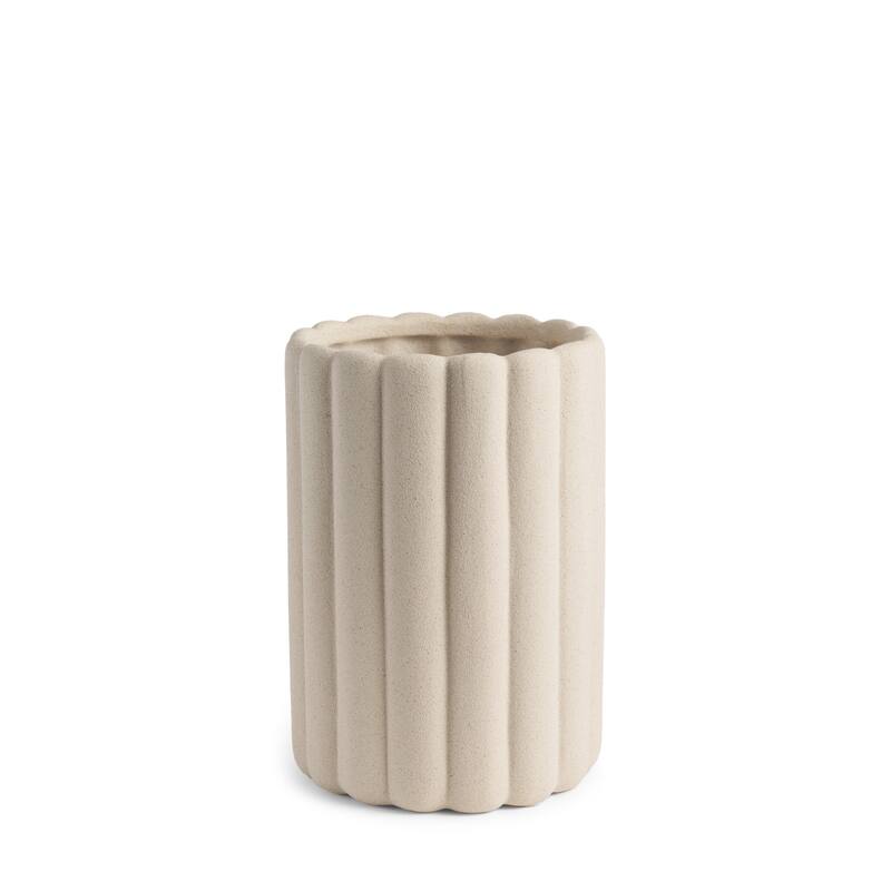 11" Beige Cylinder Ribbed Texture Ceramic Table Vase - 7.48