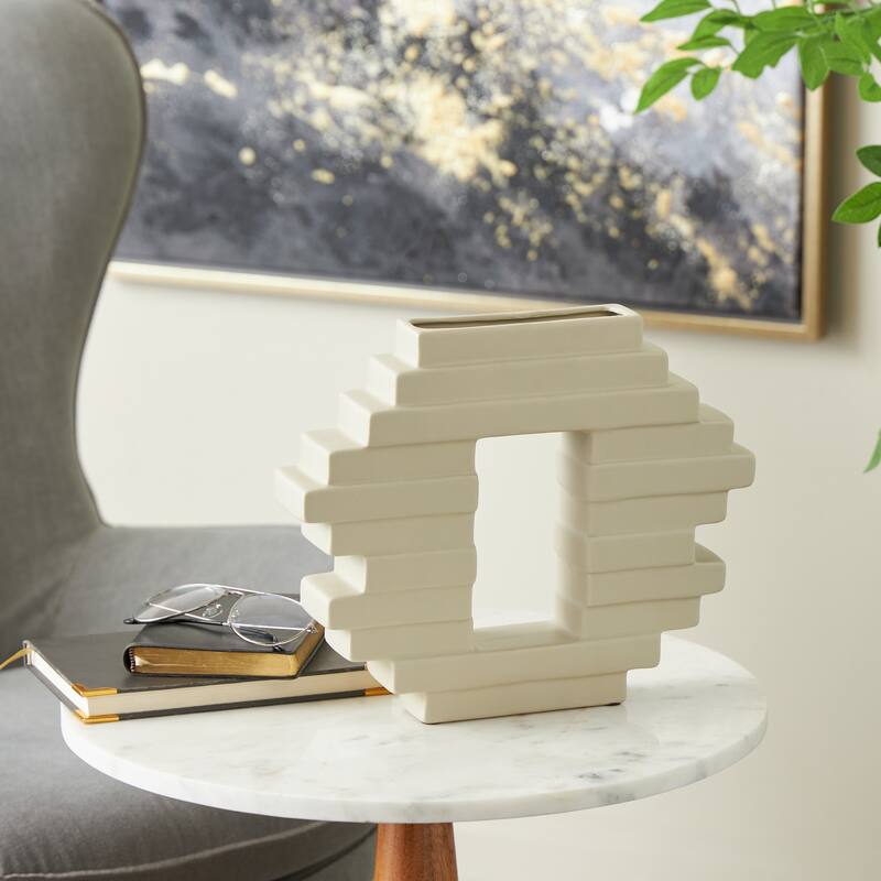Cream Ceramic Abstract Decorative Vase with Rectangular Center Cutout