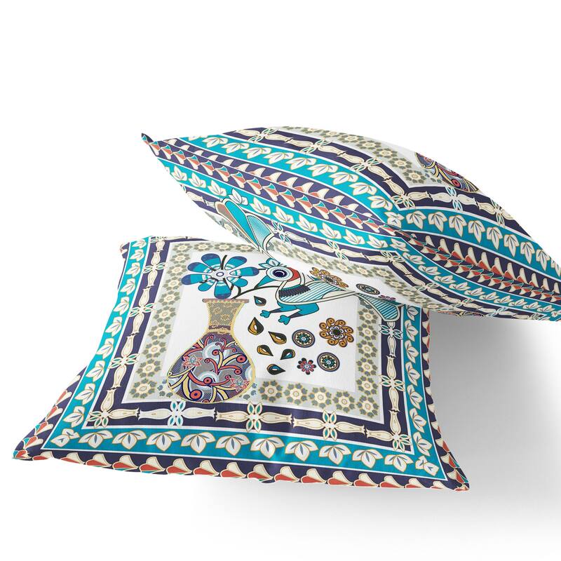 HomeRoots Set of Two 16" X 16" Blue and Purple Peacock Blown Seam Floral Indoor Outdoor Throw Pillow - 16.00' X '16.00' X '5.00