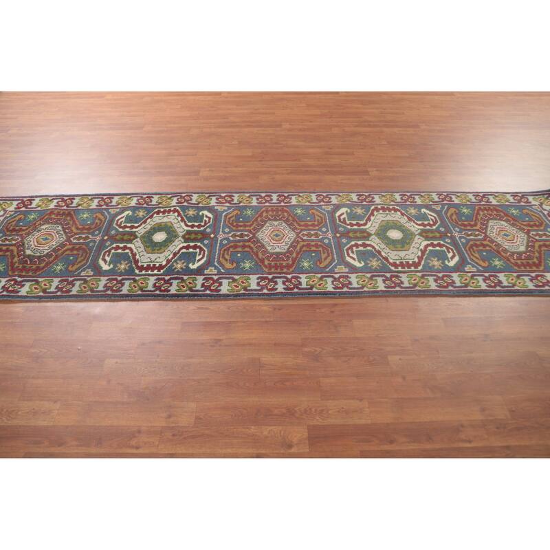 Geometric Blue Kazak Oriental Runner Rug Handmade Wool Carpet - 2'7"x 10'1"